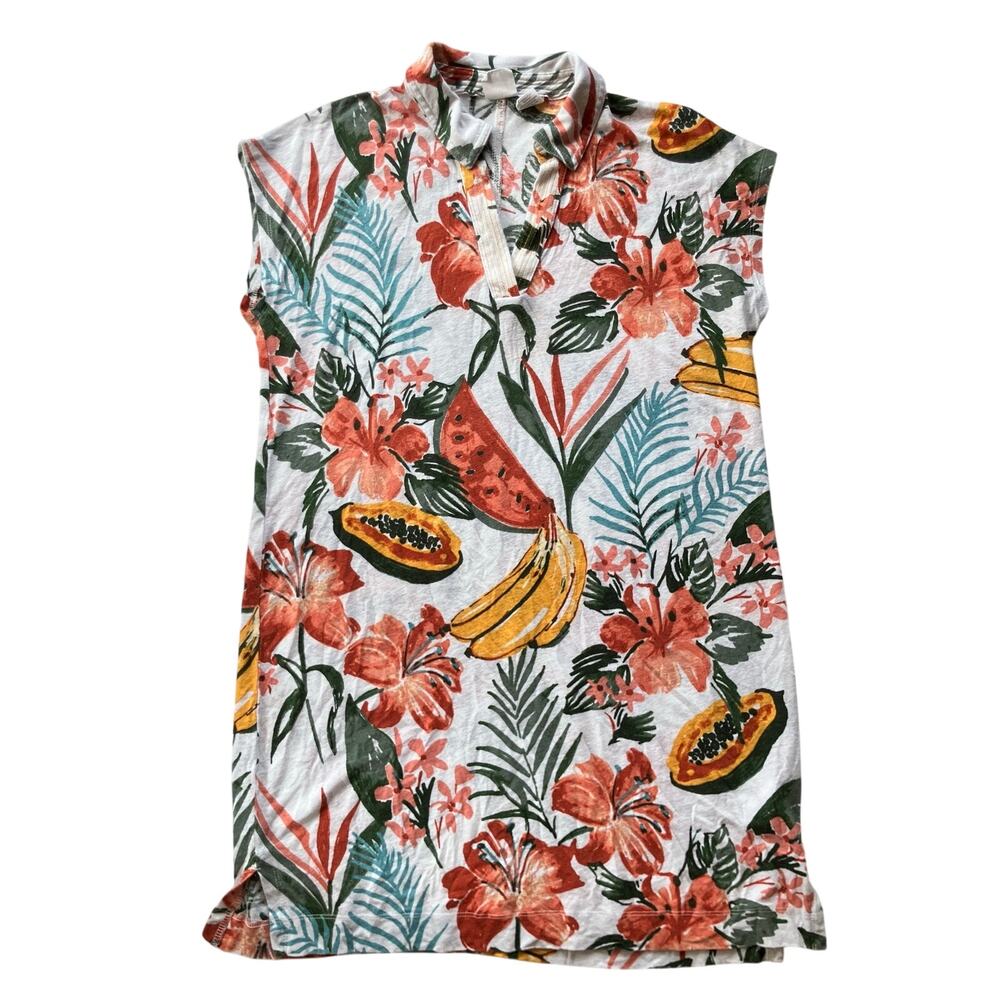 C&C California Linen Blend Tropical Mini Dress Size L Collared V-Neck